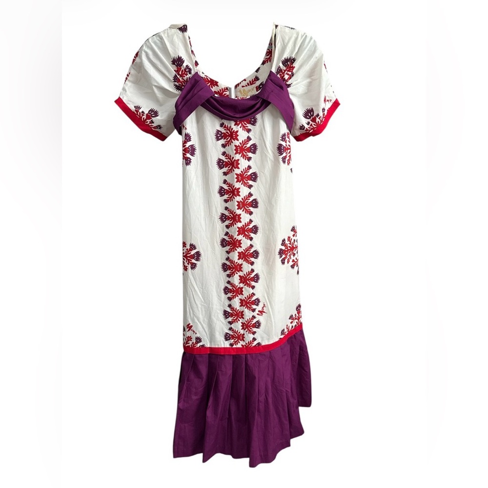 Embroidered White Maxi Dress with Red Motifs & Purple Hem